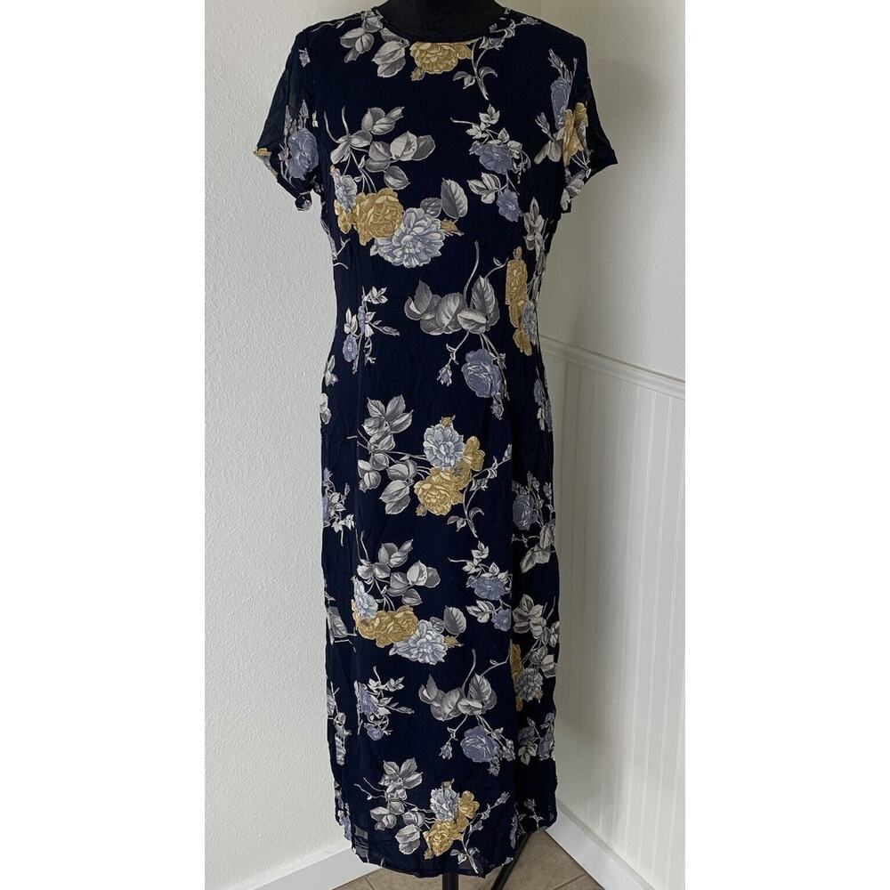 Laura Ashley Vintage Dress Short Sleeve Lined Blue Floral Midi‎ Sz 8